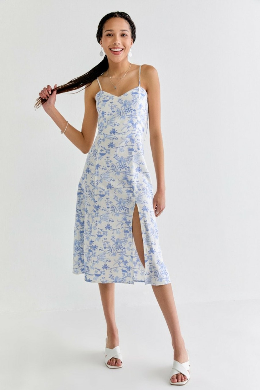 Francesca's Helen Sweetheart Neck Floral Midi Dress White Dresses