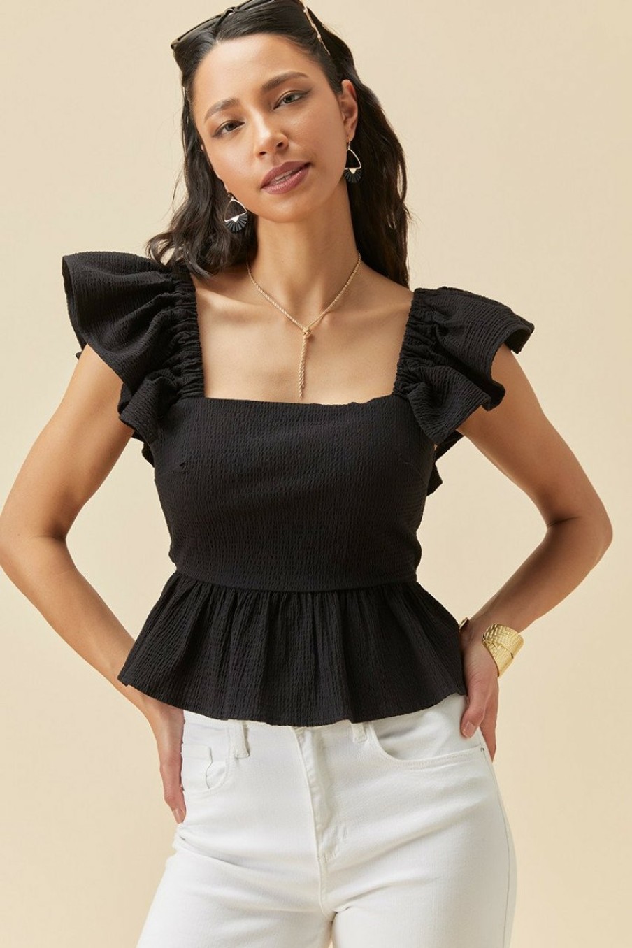 Francesca's Bella Bow Back Ruffle Sleeve Blouse Tops