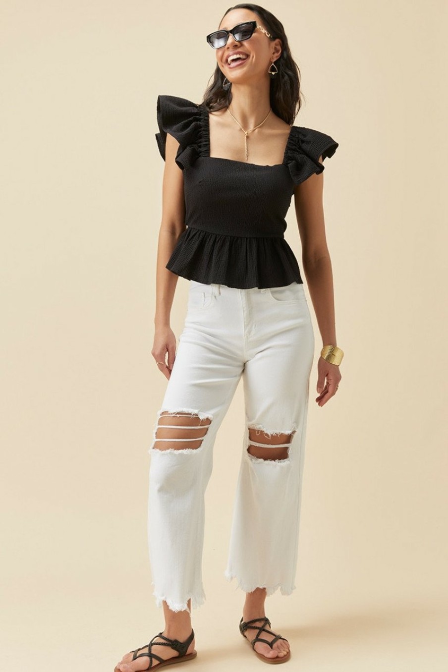 Francesca's Bella Bow Back Ruffle Sleeve Blouse Tops