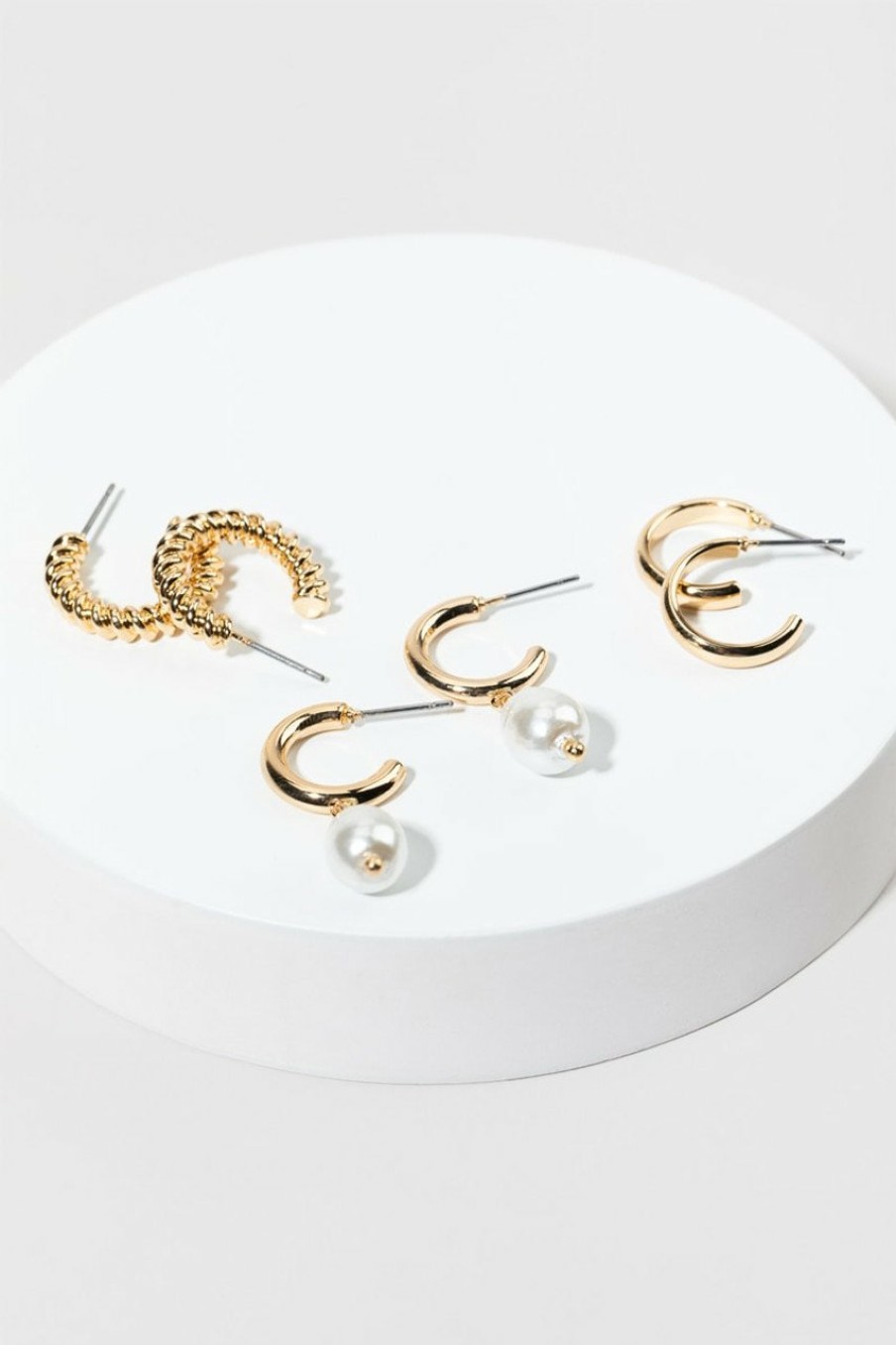 Francesca's Autumn Pearl Charm Twisted Hoop Earring Set Gold Earrings