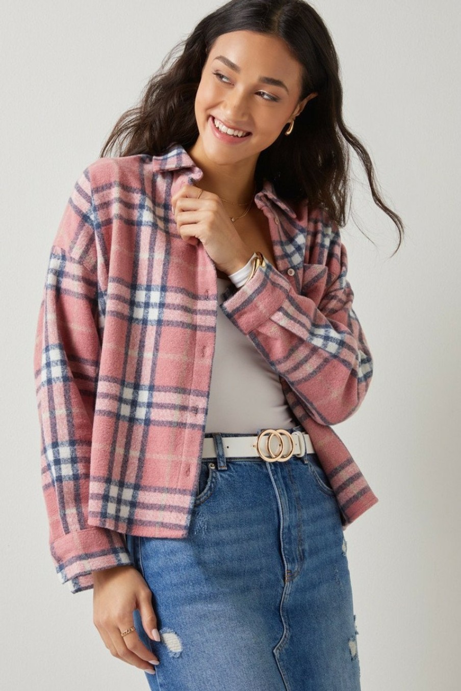 Francesca's Ethel Plaid Shacket Long Sleeve Shirt Jackets