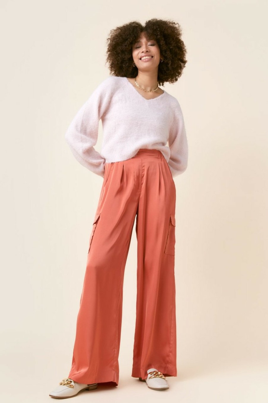 Francesca's Daisy Wide Cargo Satin Pants Orange Pants