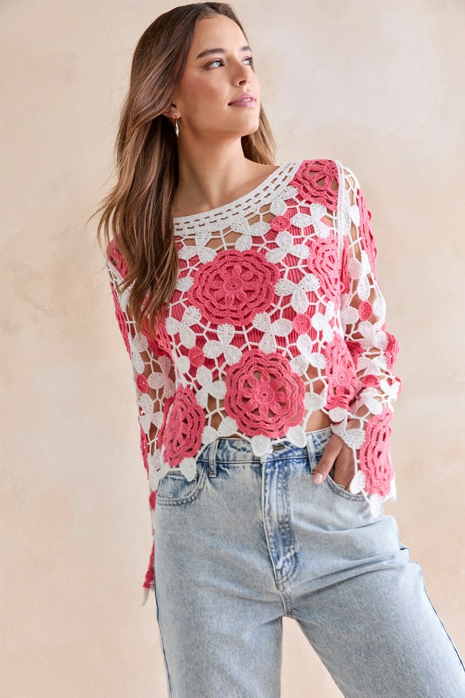 Francesca's Meredith Open Crochet Floral Pullover Multi Tops