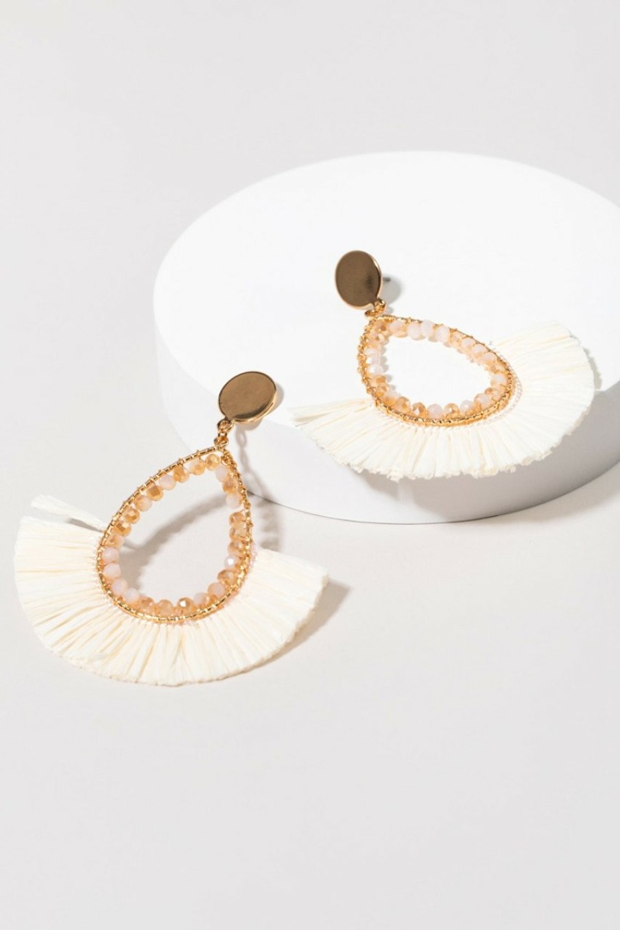 Francesca's Patrica Raffia Fan With Crystals Earrings Ivory Earrings