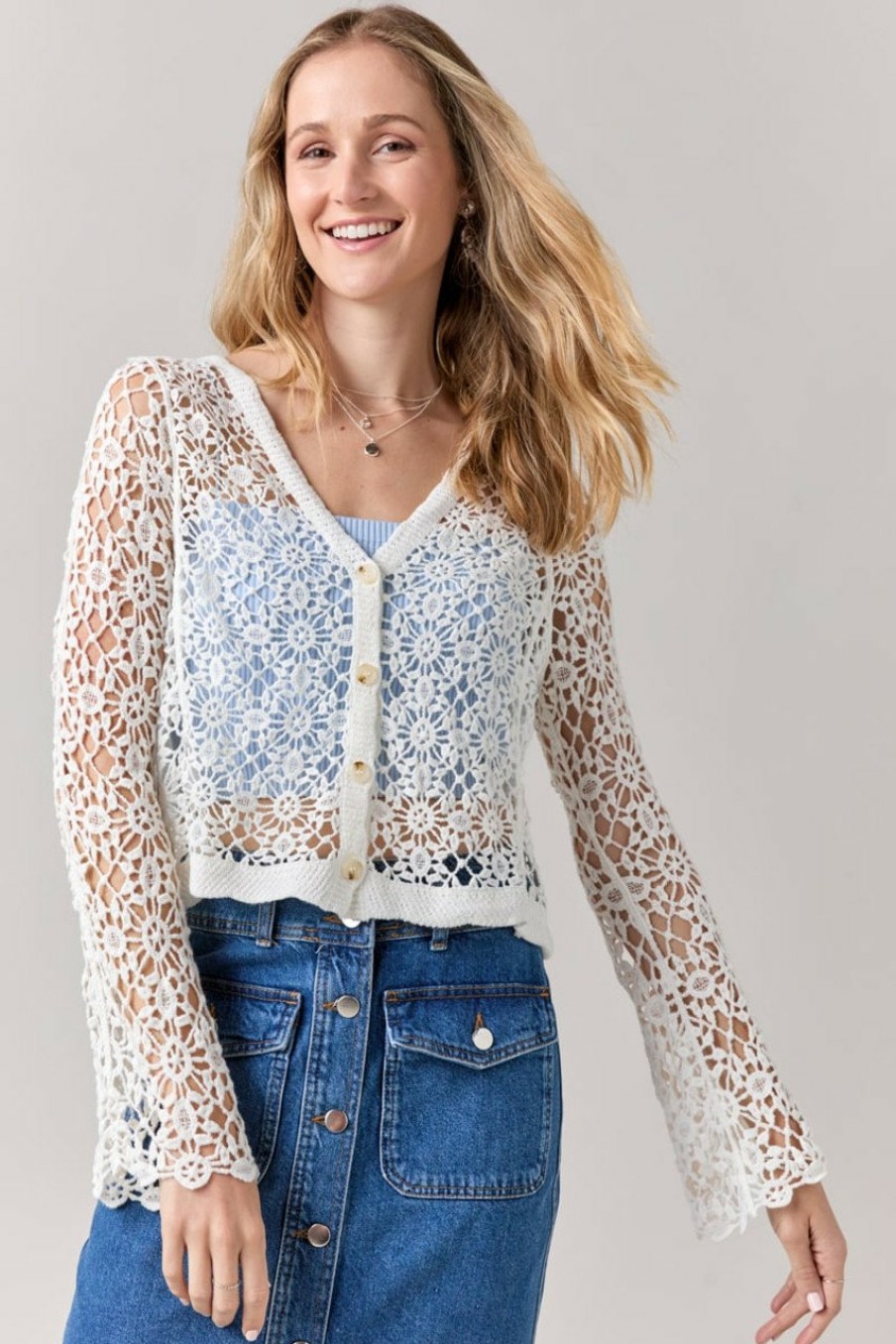 Francesca's Angelina Button Down Crochet Cardigan Ivory Tops