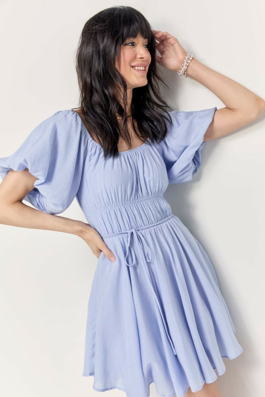 Francesca's Nancy Puff Sleeve Ruched A Line Mini Dress Baby Blue Dresses