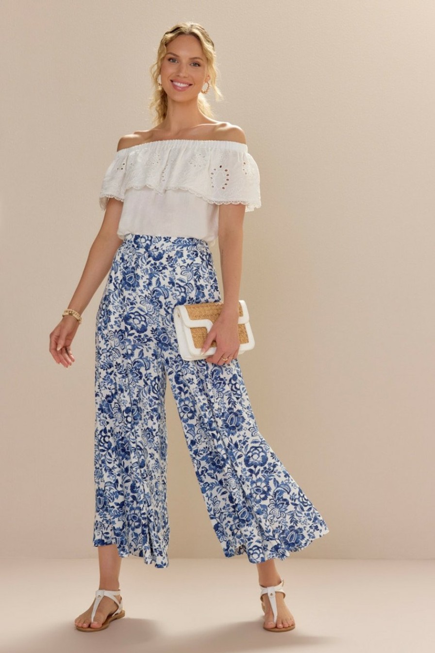 Francesca's Aurelia Paisley Print Wide Leg Pants Blue Pants