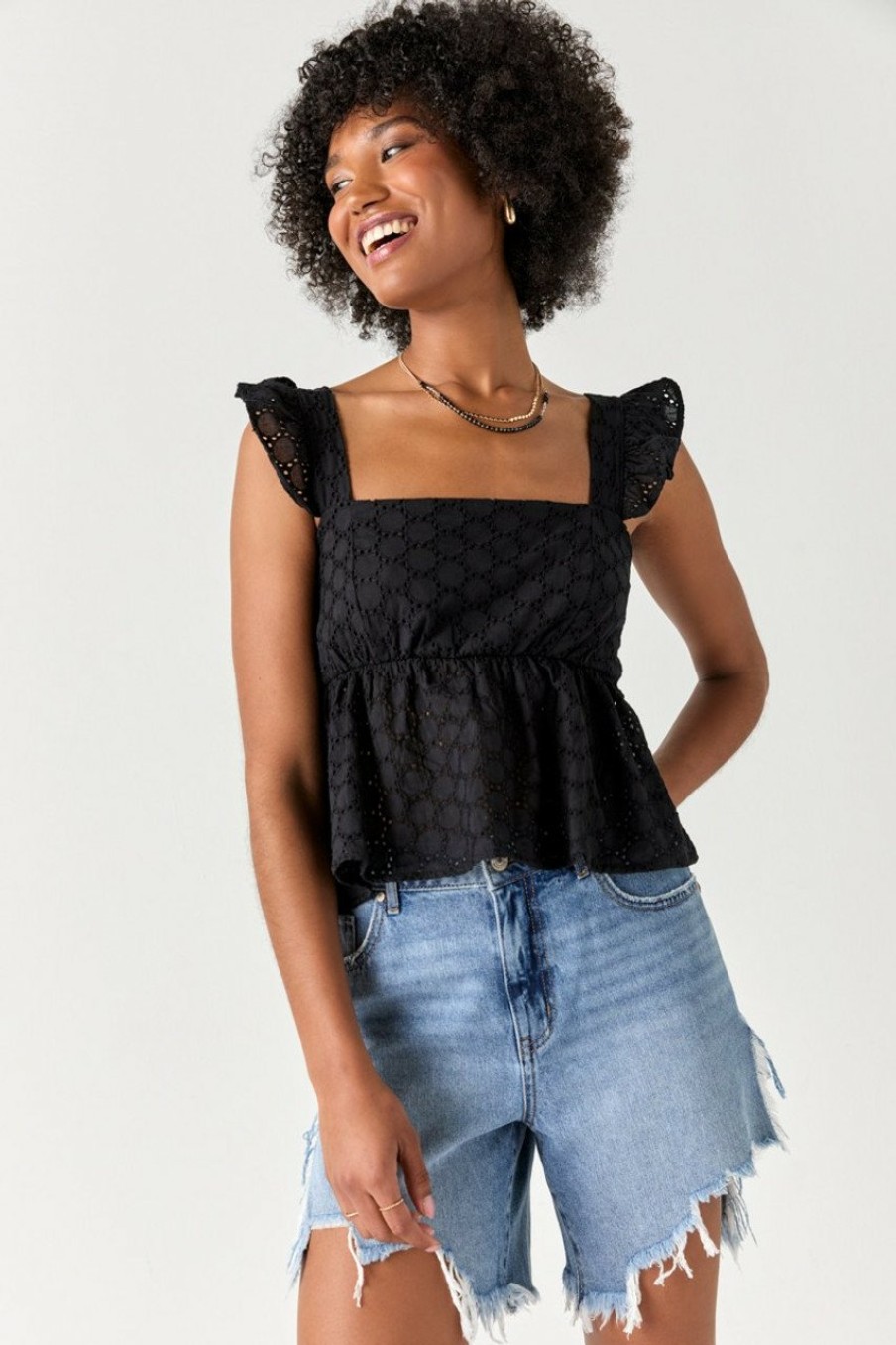 Francesca's Anita Flutter Sleeve Eyelet Blouse Tops