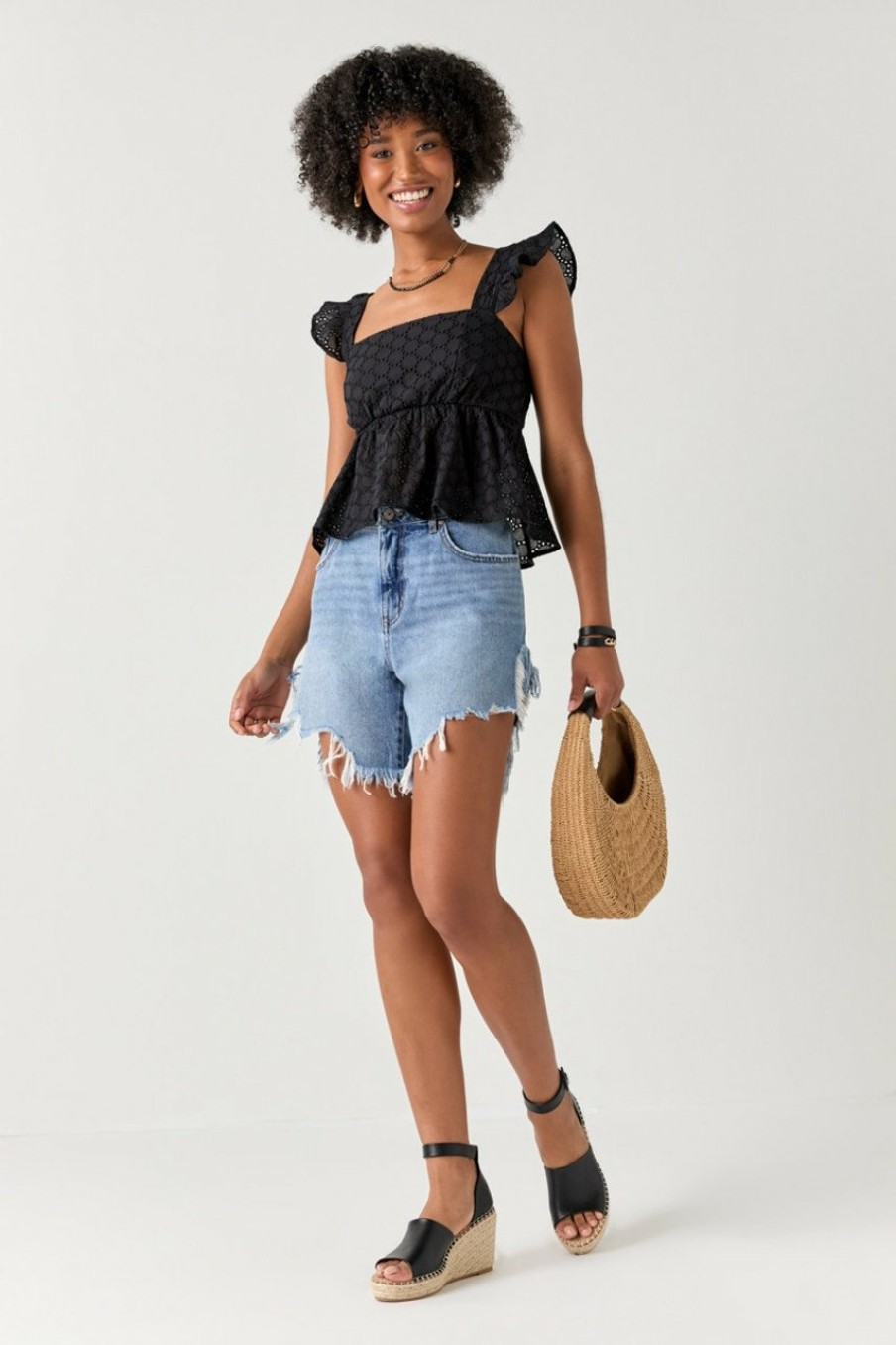 Francesca's Anita Flutter Sleeve Eyelet Blouse Tops