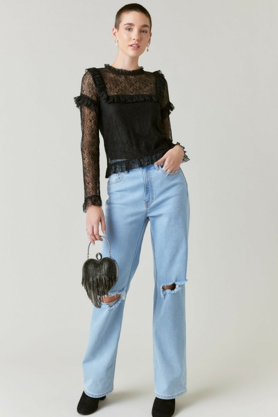 Francesca's Tammie Ruffle Trim Lace Top Black Tops