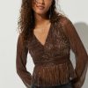 Francesca's Joline Long Sleeve Open Back Blouse Brown Tops