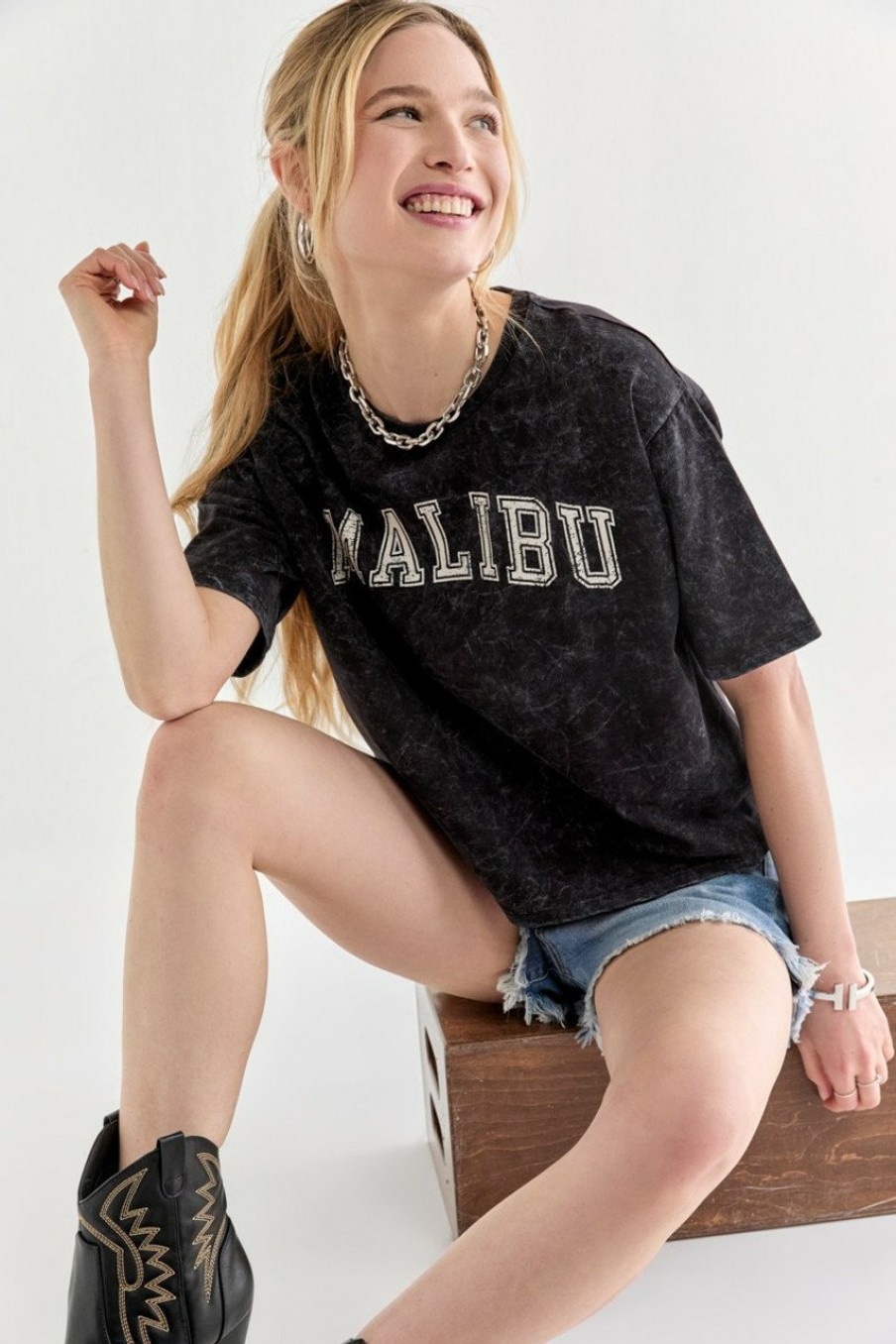 Francesca's Malibu Acid Wash Graphic Tee Black Tops