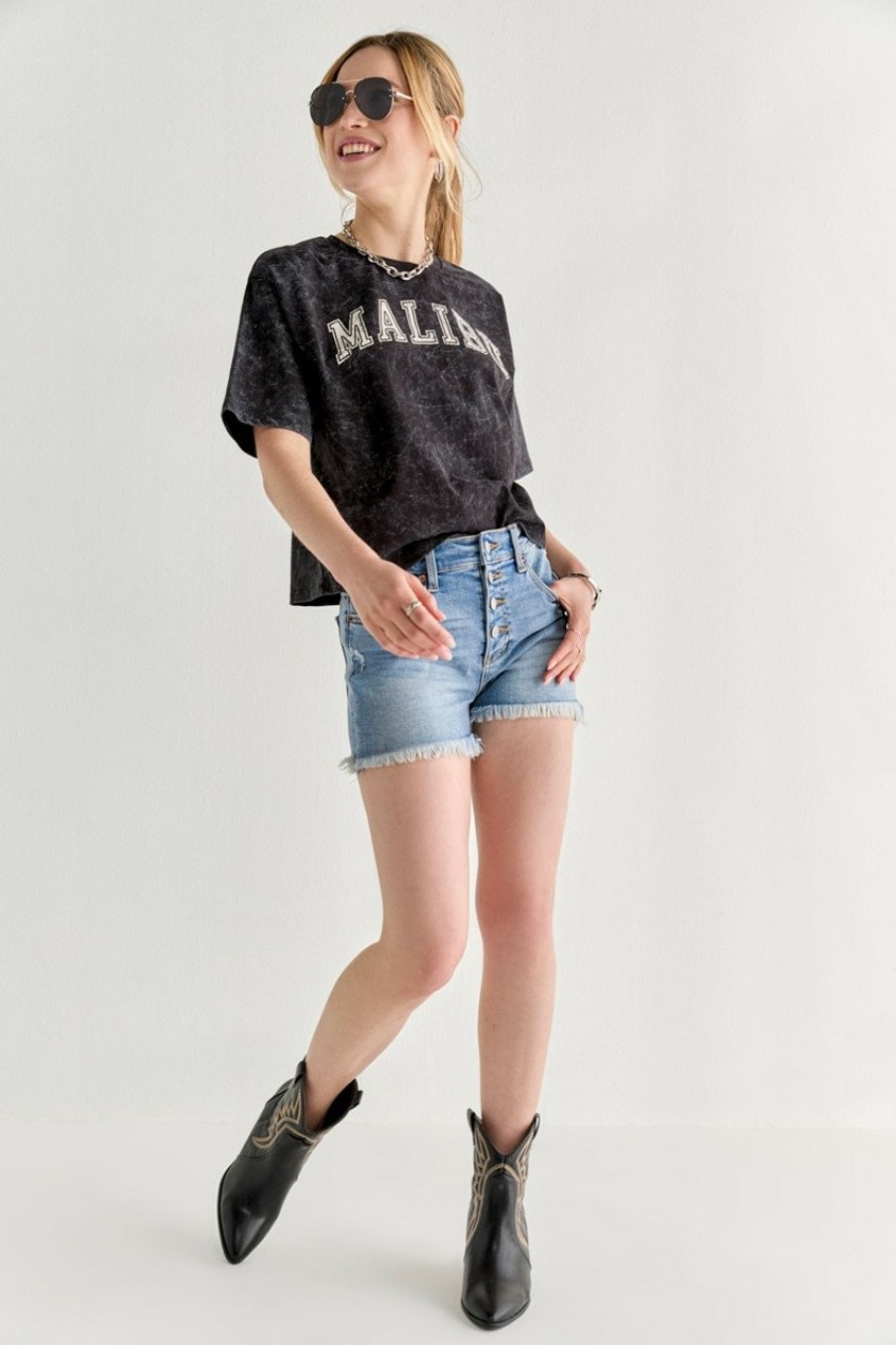 Francesca's Malibu Acid Wash Graphic Tee Black Tops