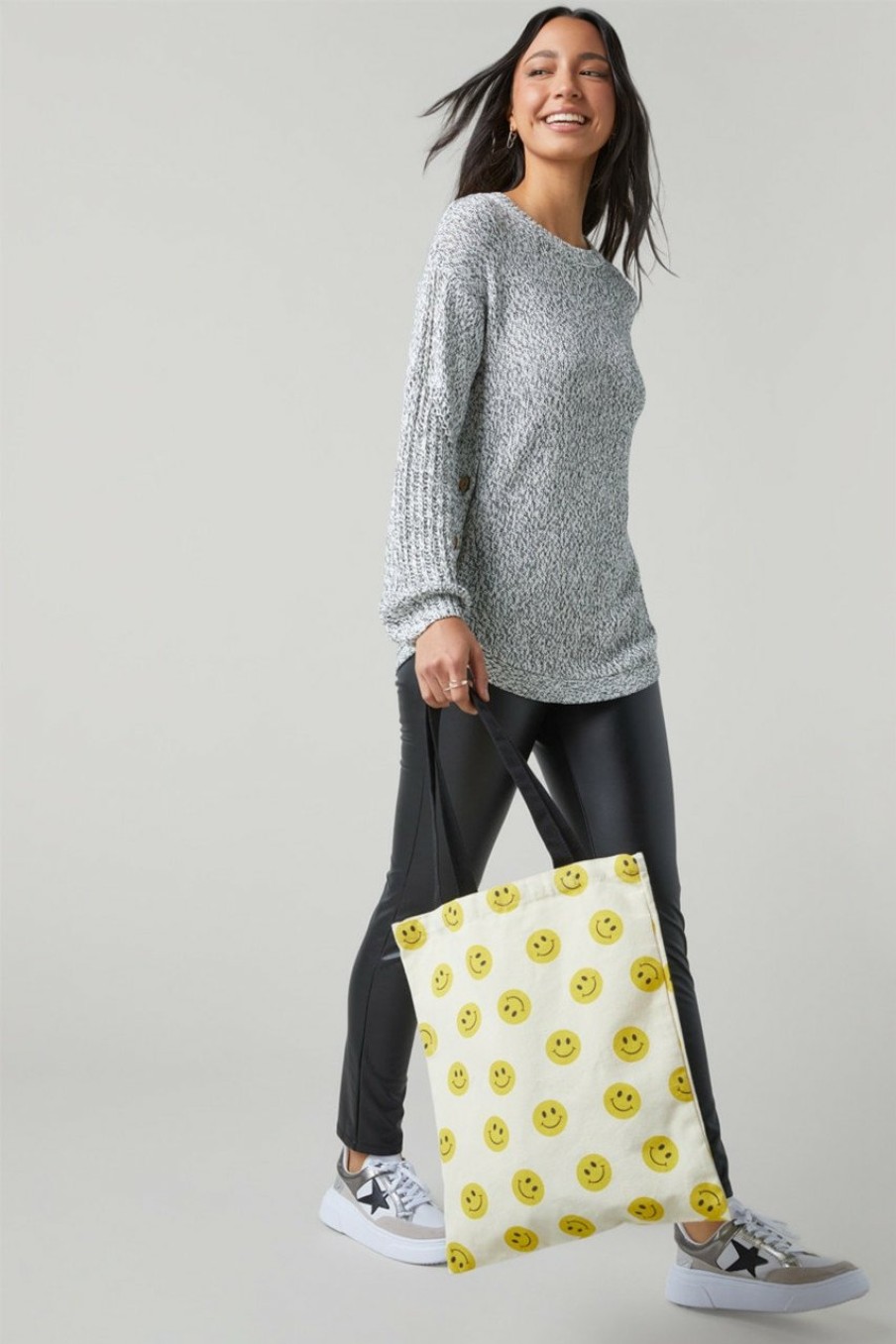 Francesca's Flora Smiley Face Printed Canvas Tote Yellow Bags & Wallets