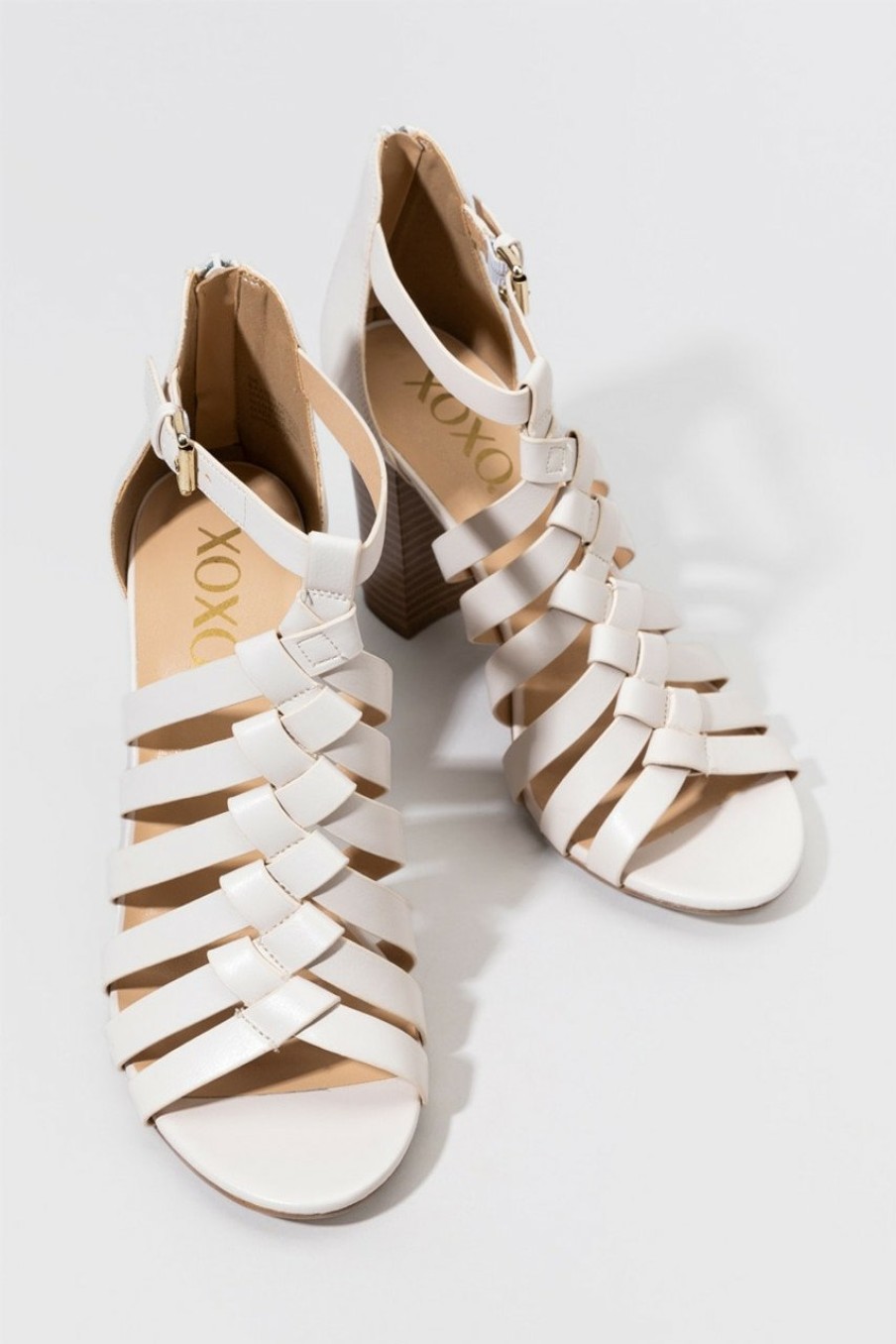 Francesca's Xoxo Baxter Caged Stacked Heels Multi Color Ivory Heels