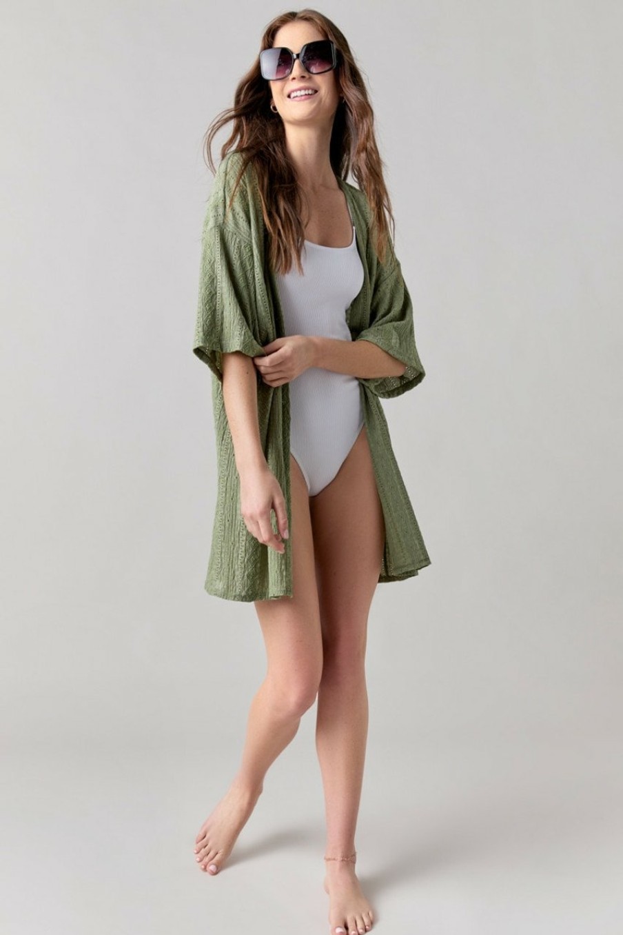 Francesca's Terri Pointelle Solid Cover Up Sage Green Swim Cover Ups