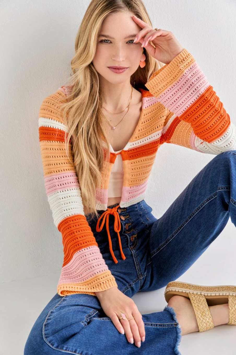 Francesca's Siena Tie Front Sweater Multi Tops