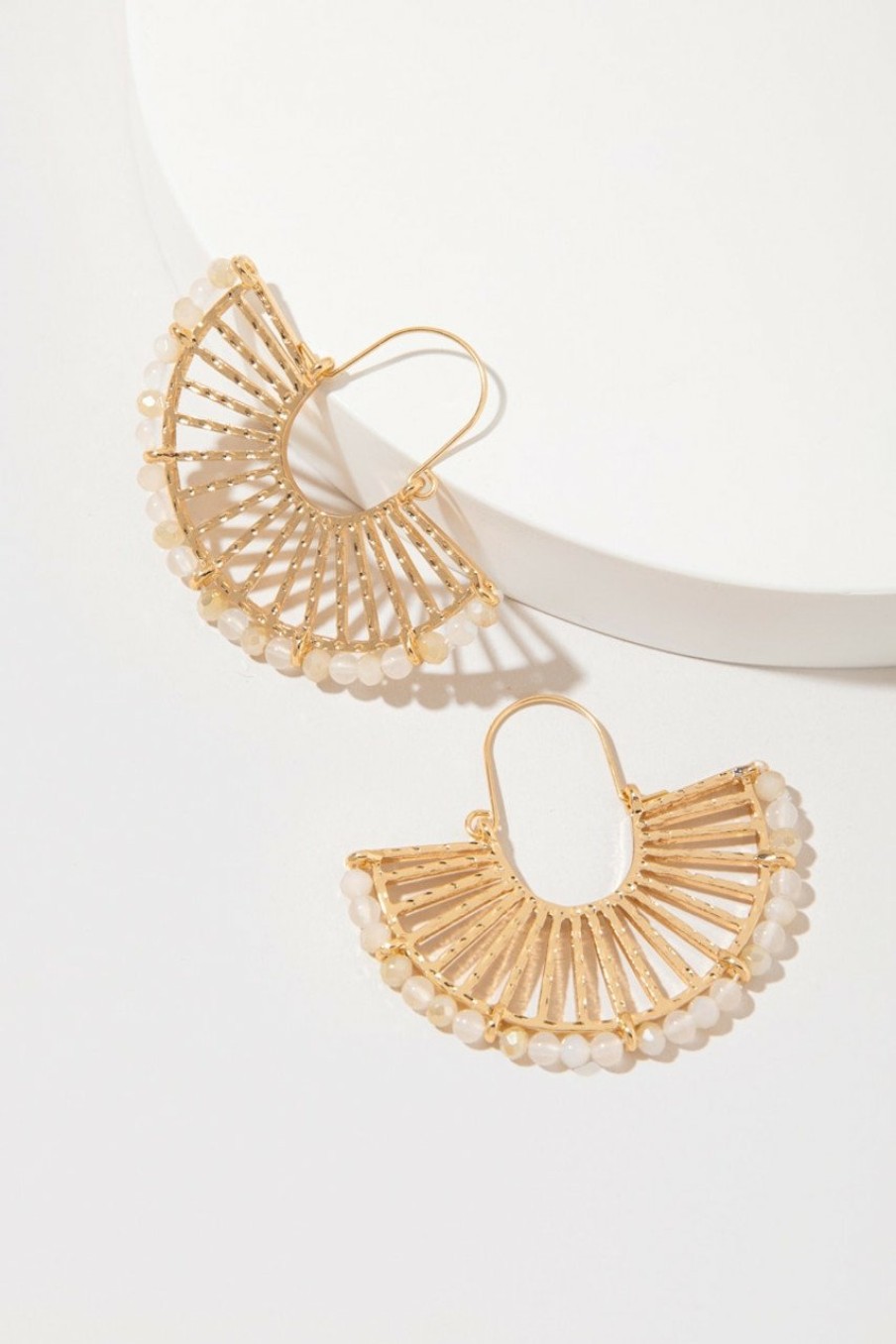 Francesca's Ella Glass Bead Metal Fan Hoop Earrings Ivory Earrings