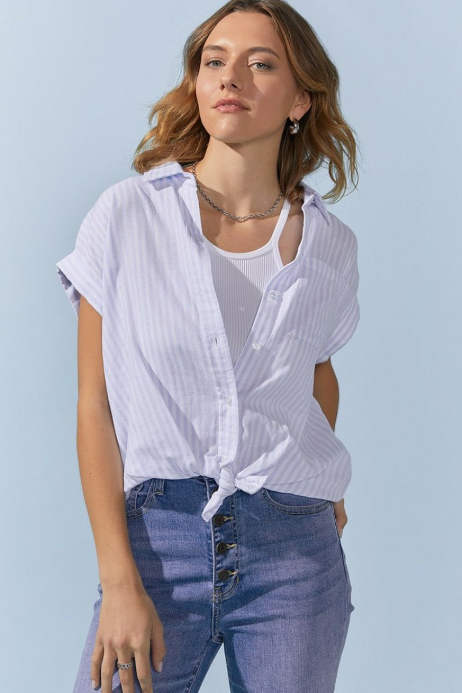 Francesca's Ally Tie Front Button Down Top Light Blue Tops