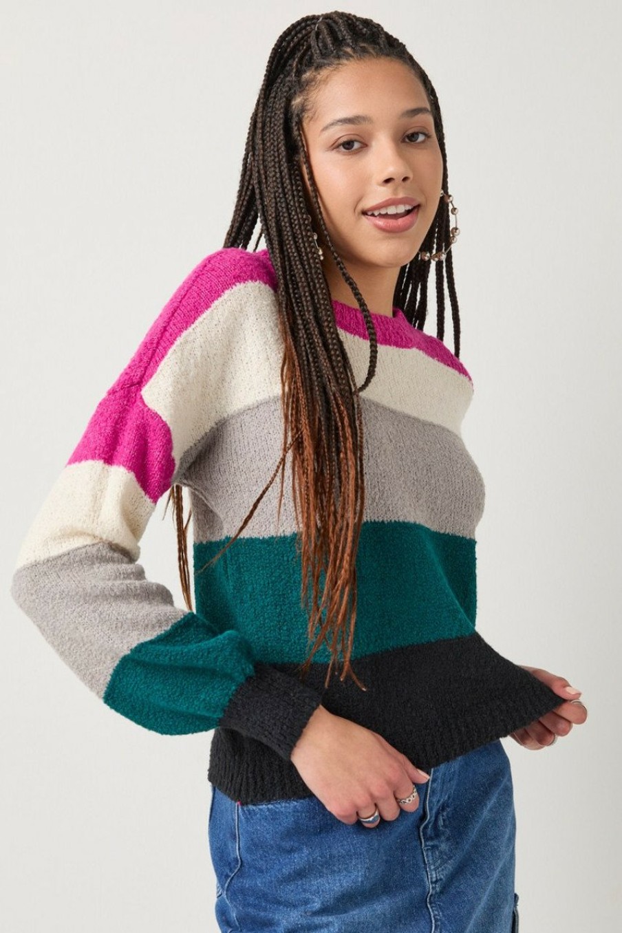 Francesca's Lisa Striped Teddy Pullover Sweater Multi Tops