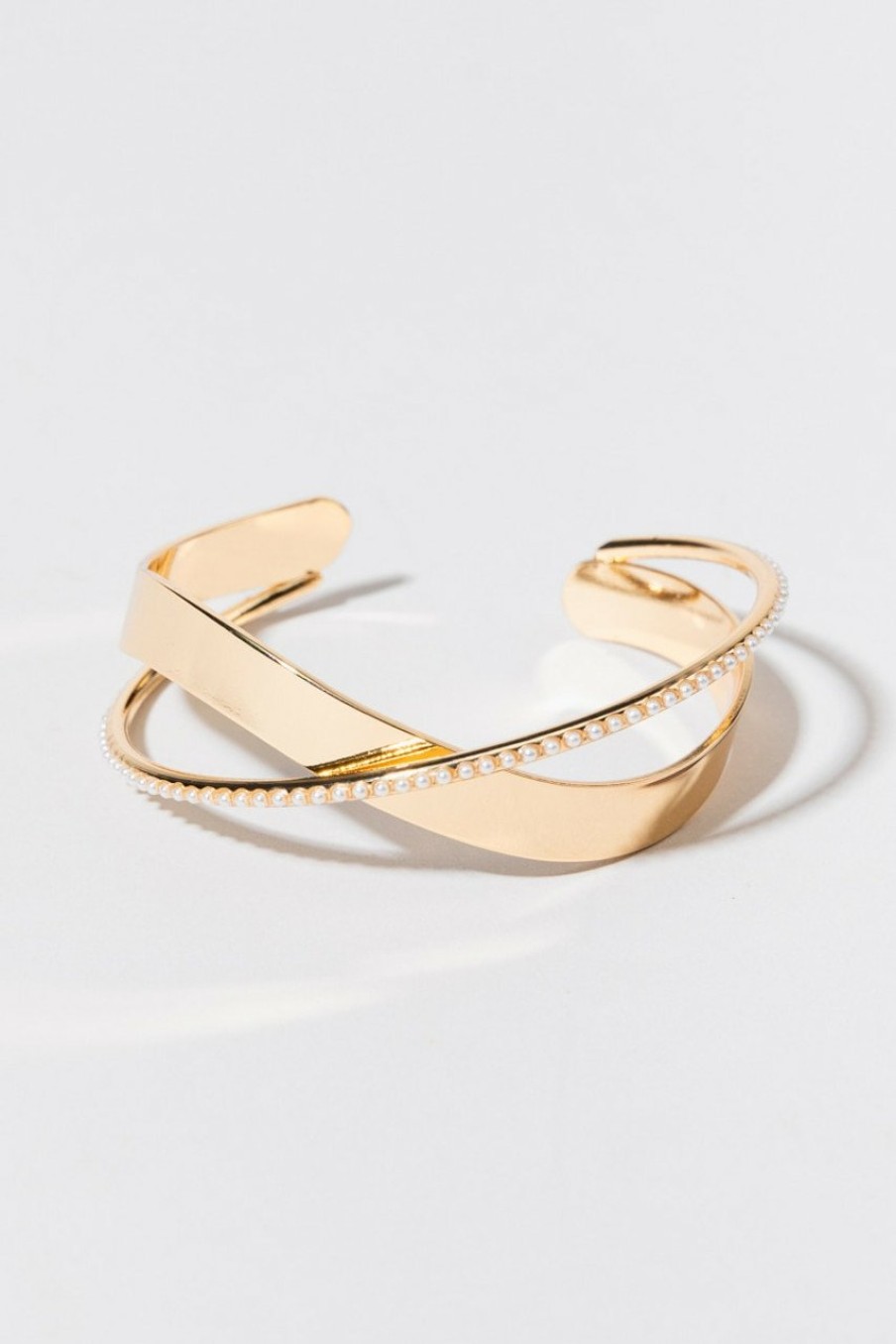 Francesca's Carmen Crossover Pearl Cuff Bracelet Gold Bracelets