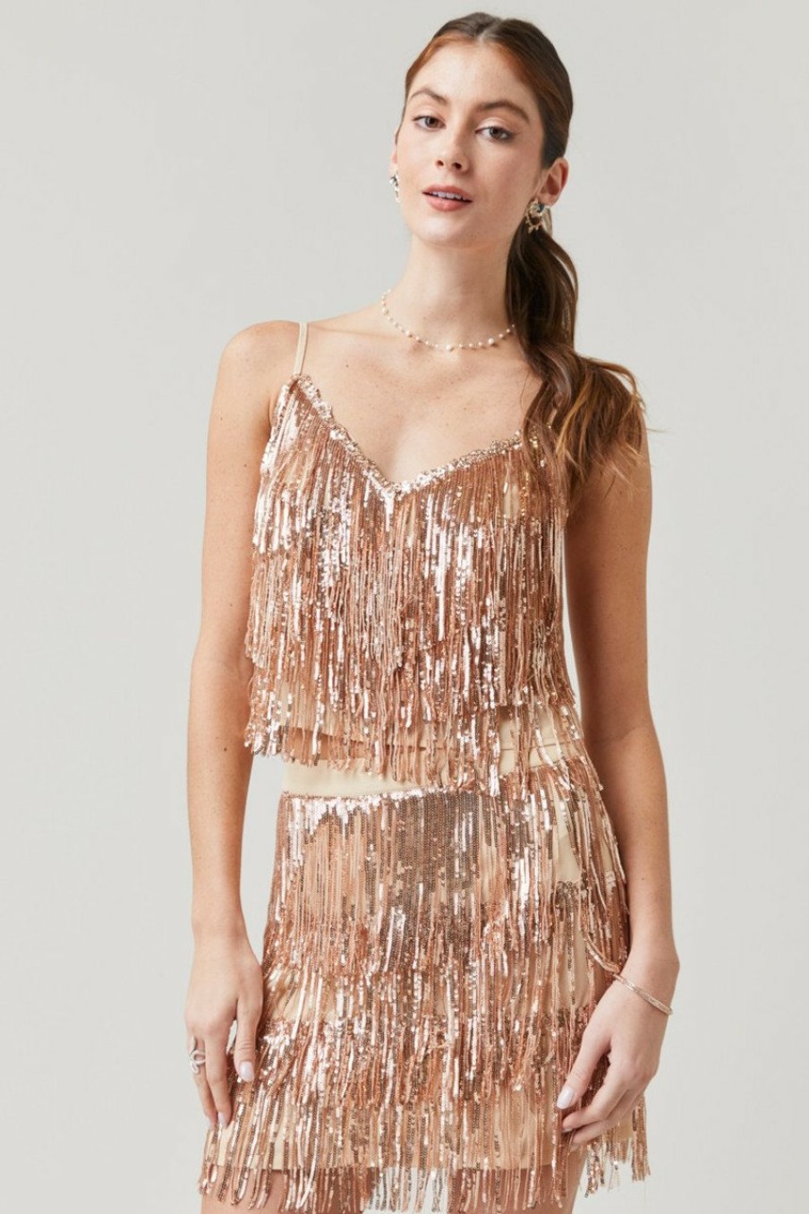 Francesca's Marla Layered Fringe Strappy Tank Top Champagne Tops