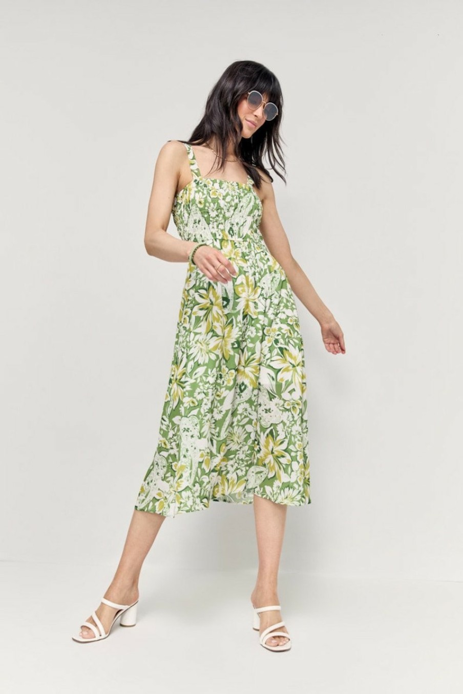 Francesca's Cecelia Floral Smocked Top Midi Dress Green Dresses