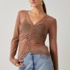 Francesca's Vicky Button Down Cinched Mesh Top Brown Tops