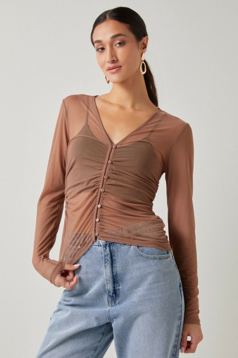 Francesca's Vicky Button Down Cinched Mesh Top Brown Tops