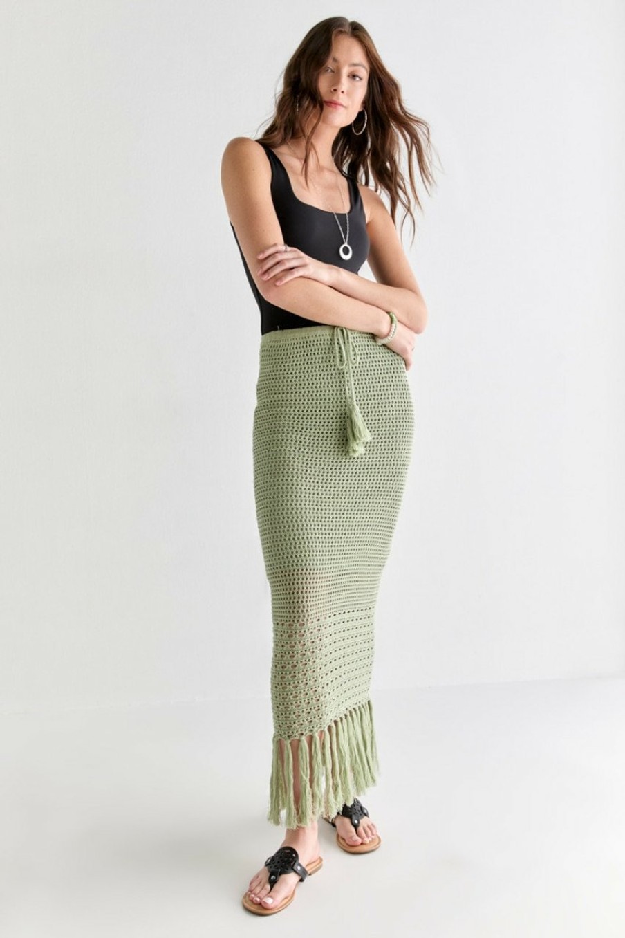 Francesca's Lenore Crochet Tassel Skirt Sage Green Skirts