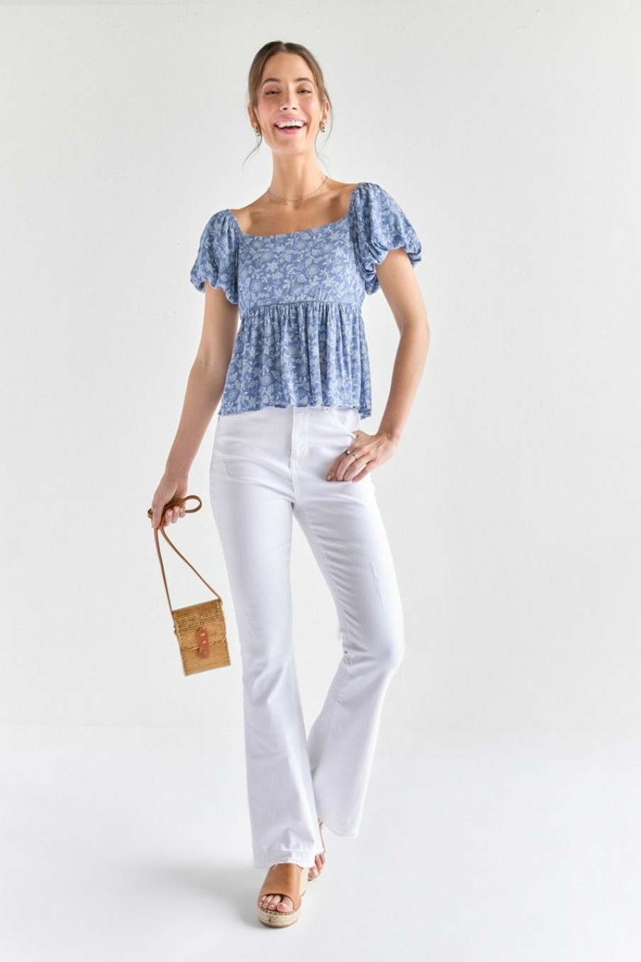 Francesca's Bella Puff Sleeve Bow Back Blouse Tops