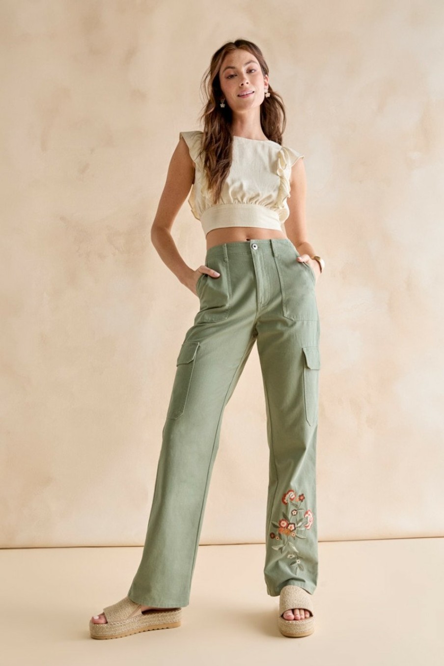 Francesca's Azura Embroidered Camo Joggers Olive Green Pants