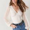 Francesca's Amora Sheer Long Sleeve Rib-Knit Bodysuit Cream Tops