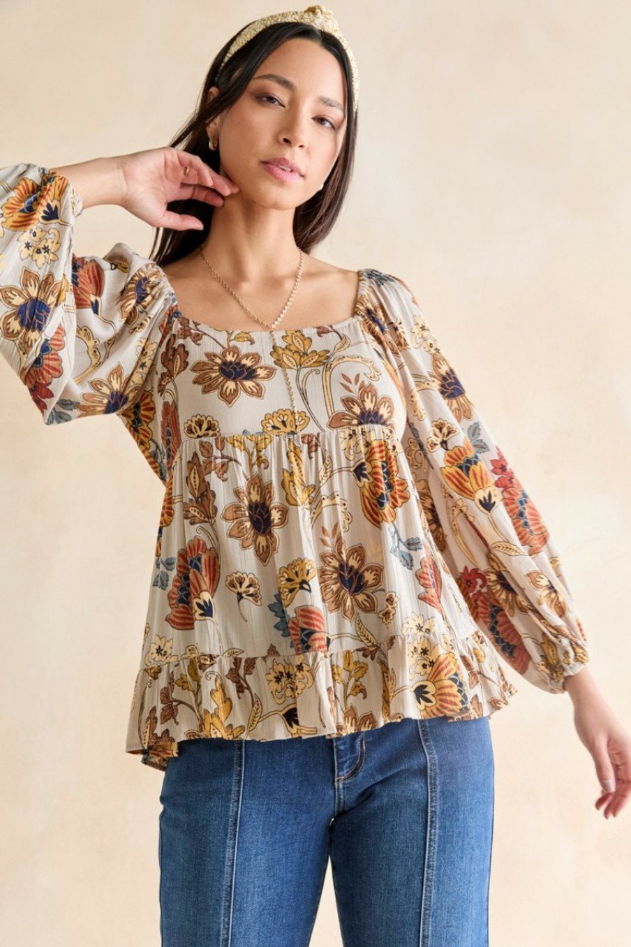 Francesca's Monica Open Tie Back Floral Blouse Ivory Tops