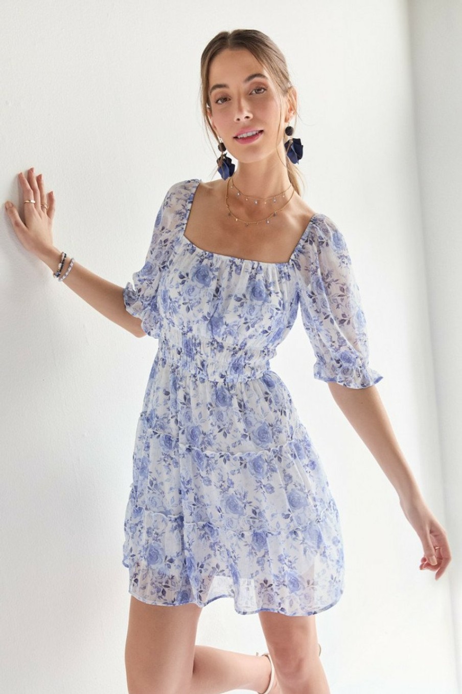 Francesca's Wenona Floral Waisted Dress Blue Dresses