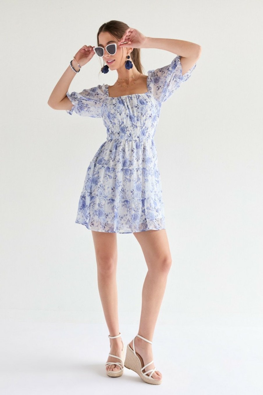 Francesca's Wenona Floral Waisted Dress Blue Dresses