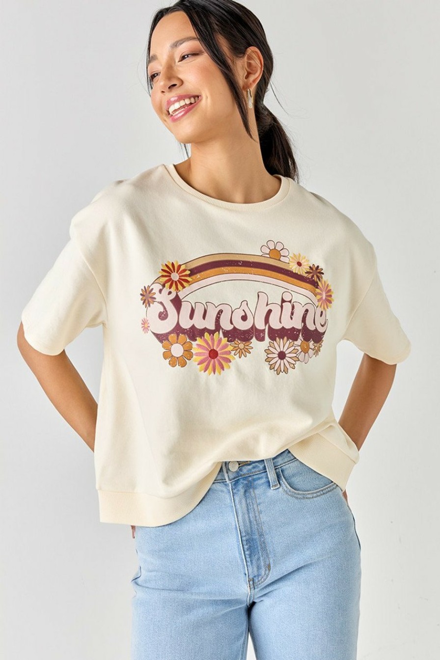 Francesca's Sunshine Rainbow Graphic Tee Taupe Tops