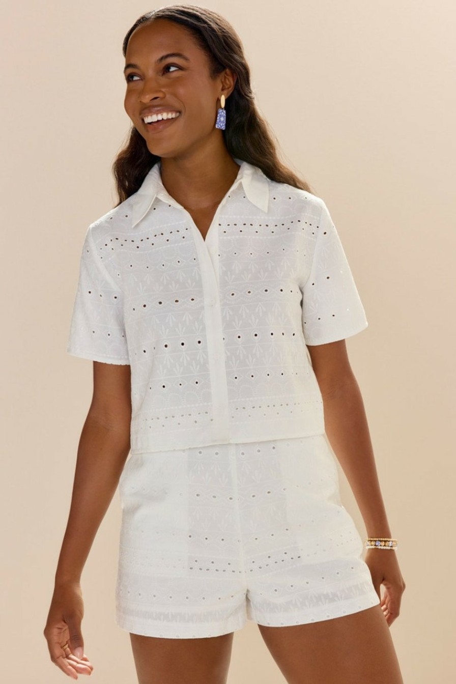 Francesca's Michayla Embroidered Button Down Top White Tops