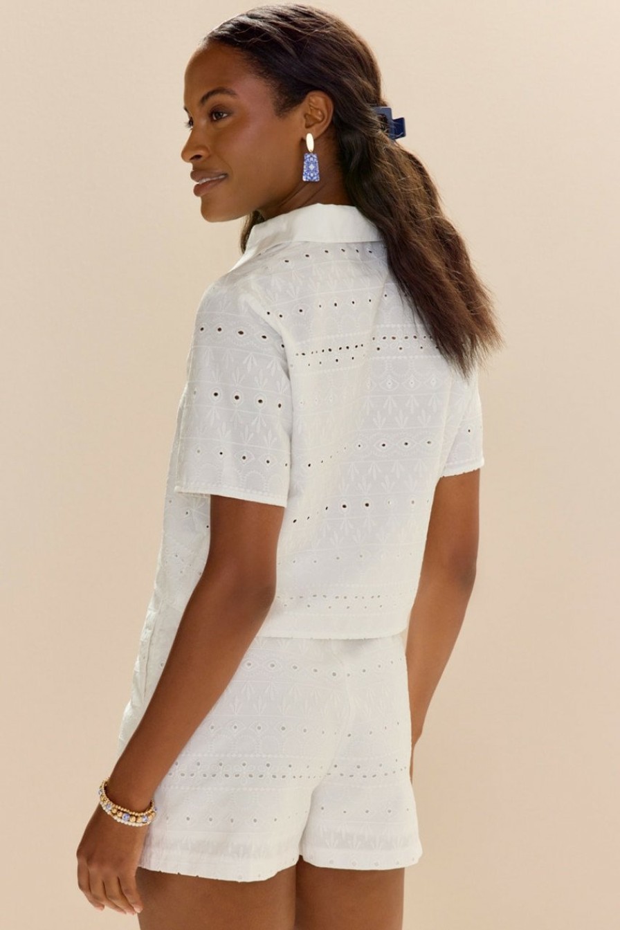 Francesca's Michayla Embroidered Button Down Top White Tops