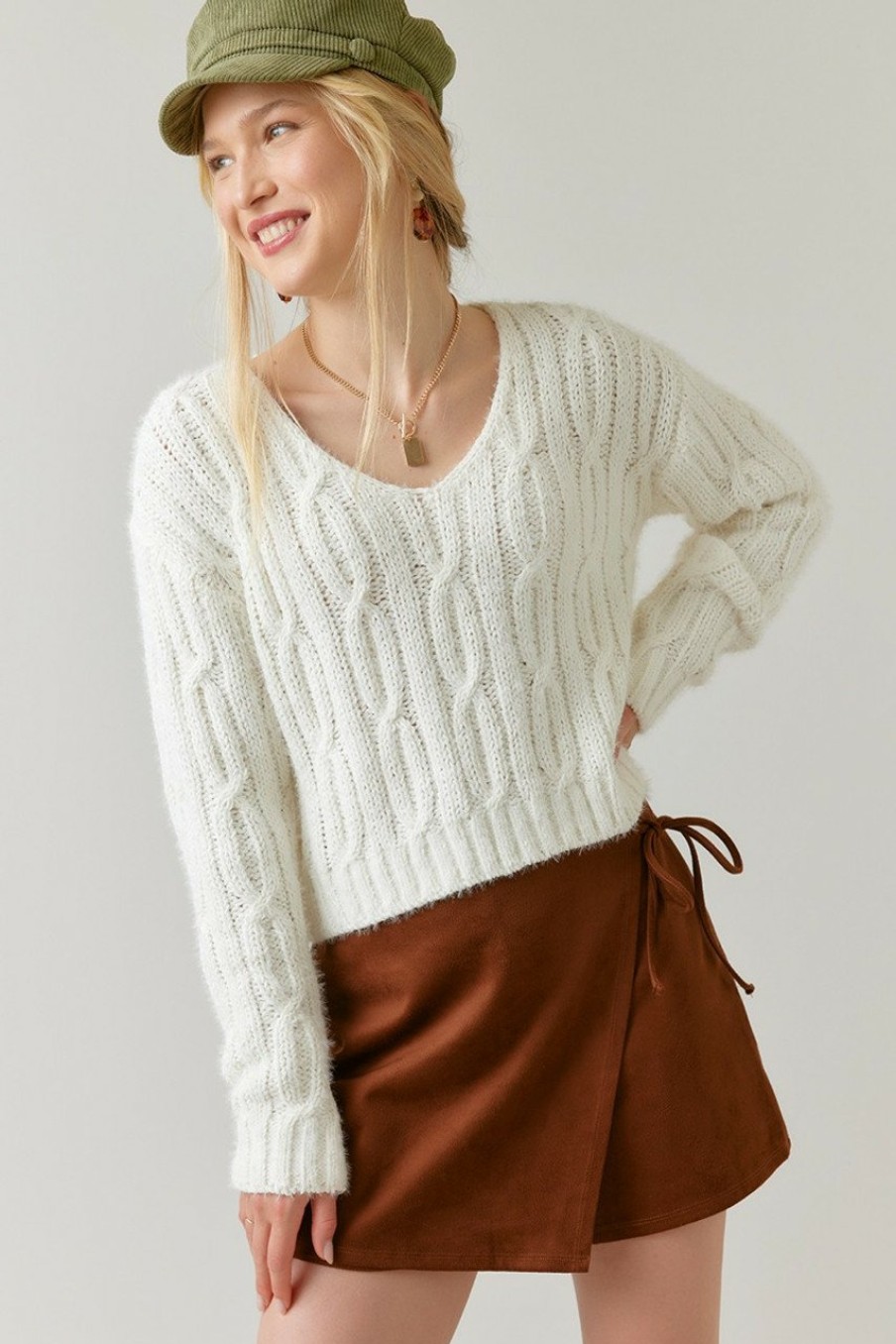 Francesca's Nattie Chenille Eyelash Cable Knit Sweater Tops