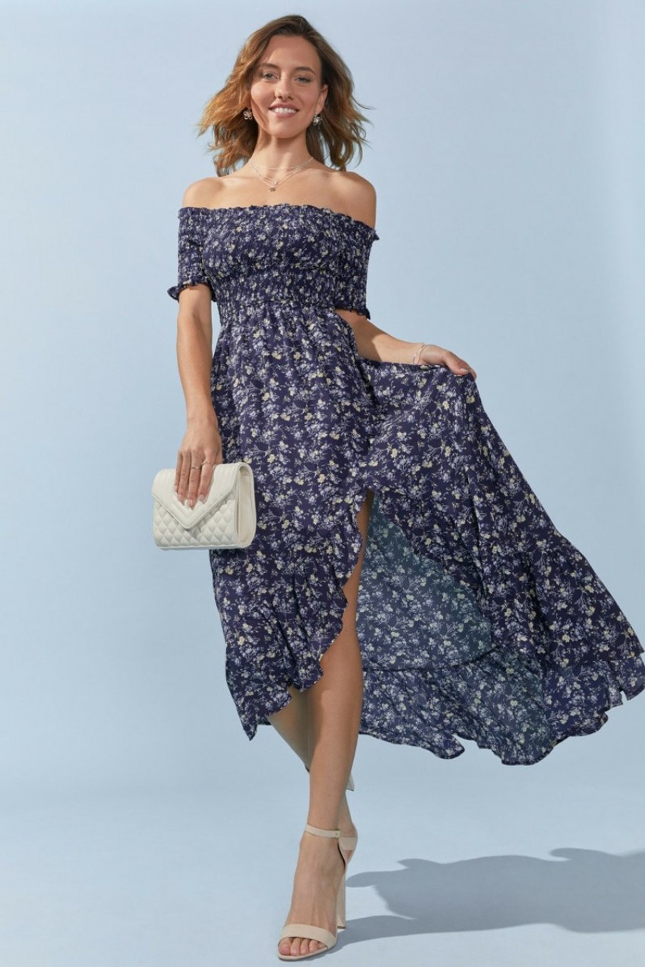 Francesca's Perdita Off Shoulder Floral Maxi Dress Navy Dresses