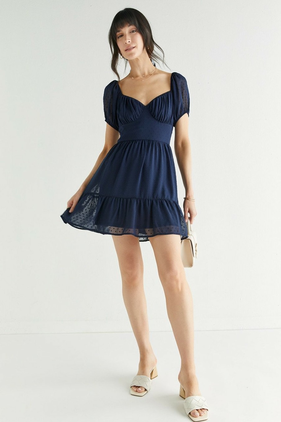 Francesca's Ellen Casual Dotted Corset Mini Dress Navy Dresses