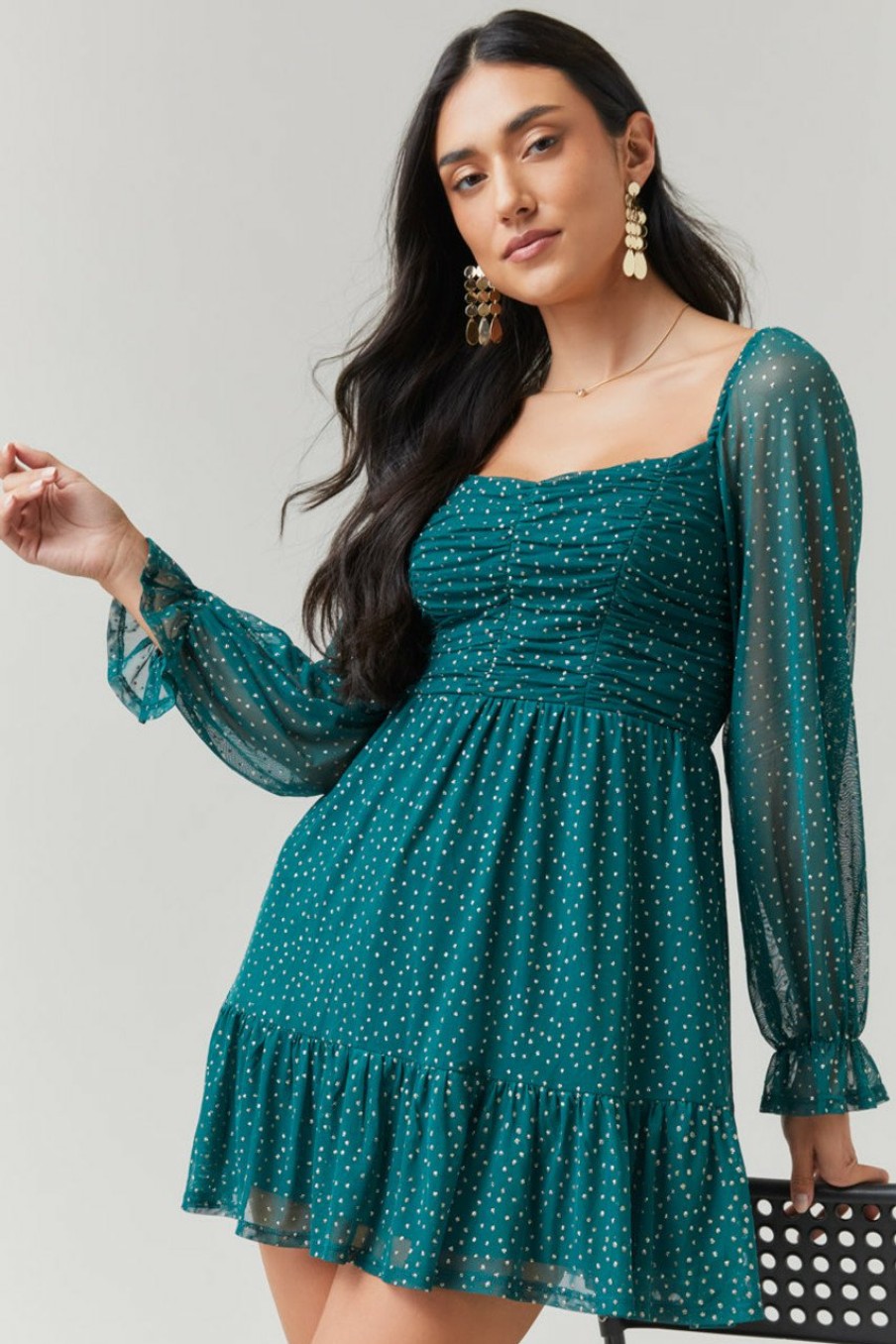 Francesca's Kelly Ruched Lurex Dot Dress Green Dresses