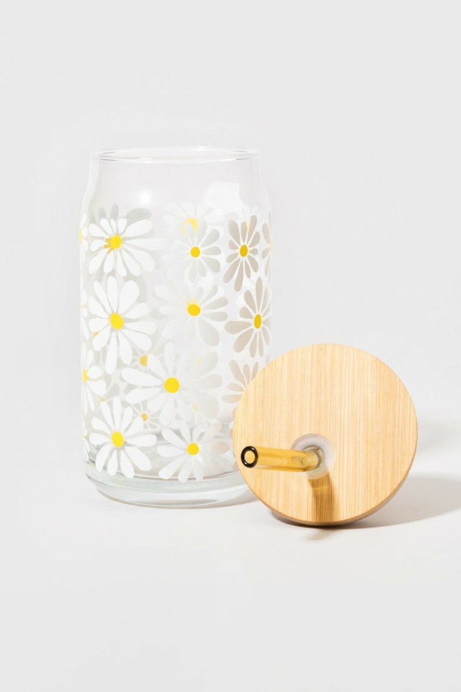 Francesca's Daisy Pattern Glass Can Jar Multi Drinkware