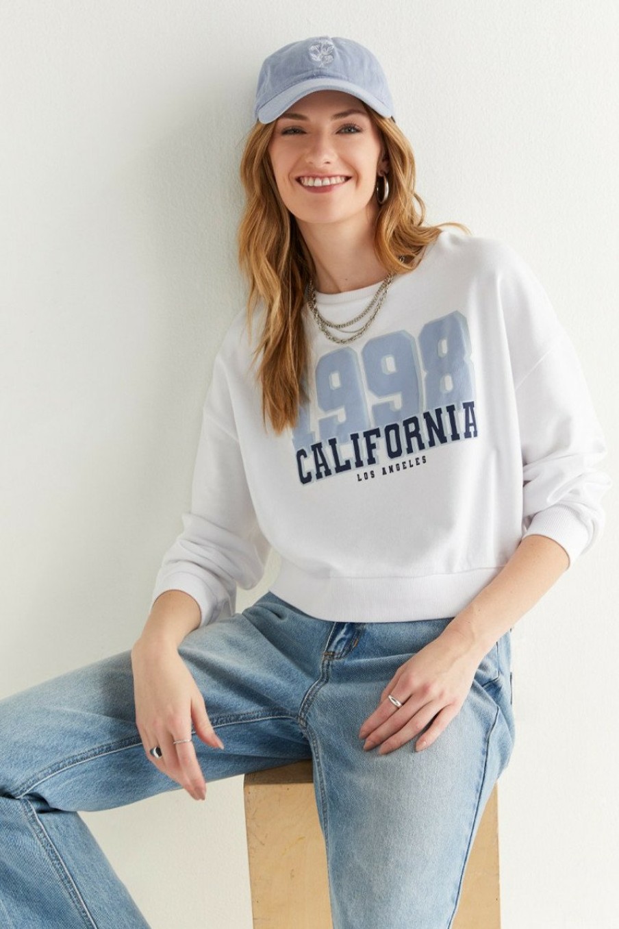 Francesca's California Puff Print Sweatshirt White Tops