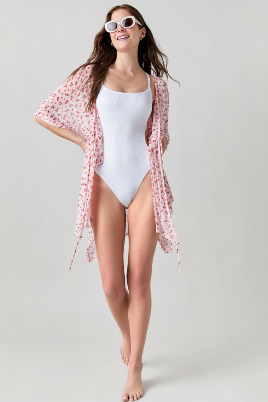 Francesca's Sherri Floral Mesh Cover Up White Swim Cover Ups