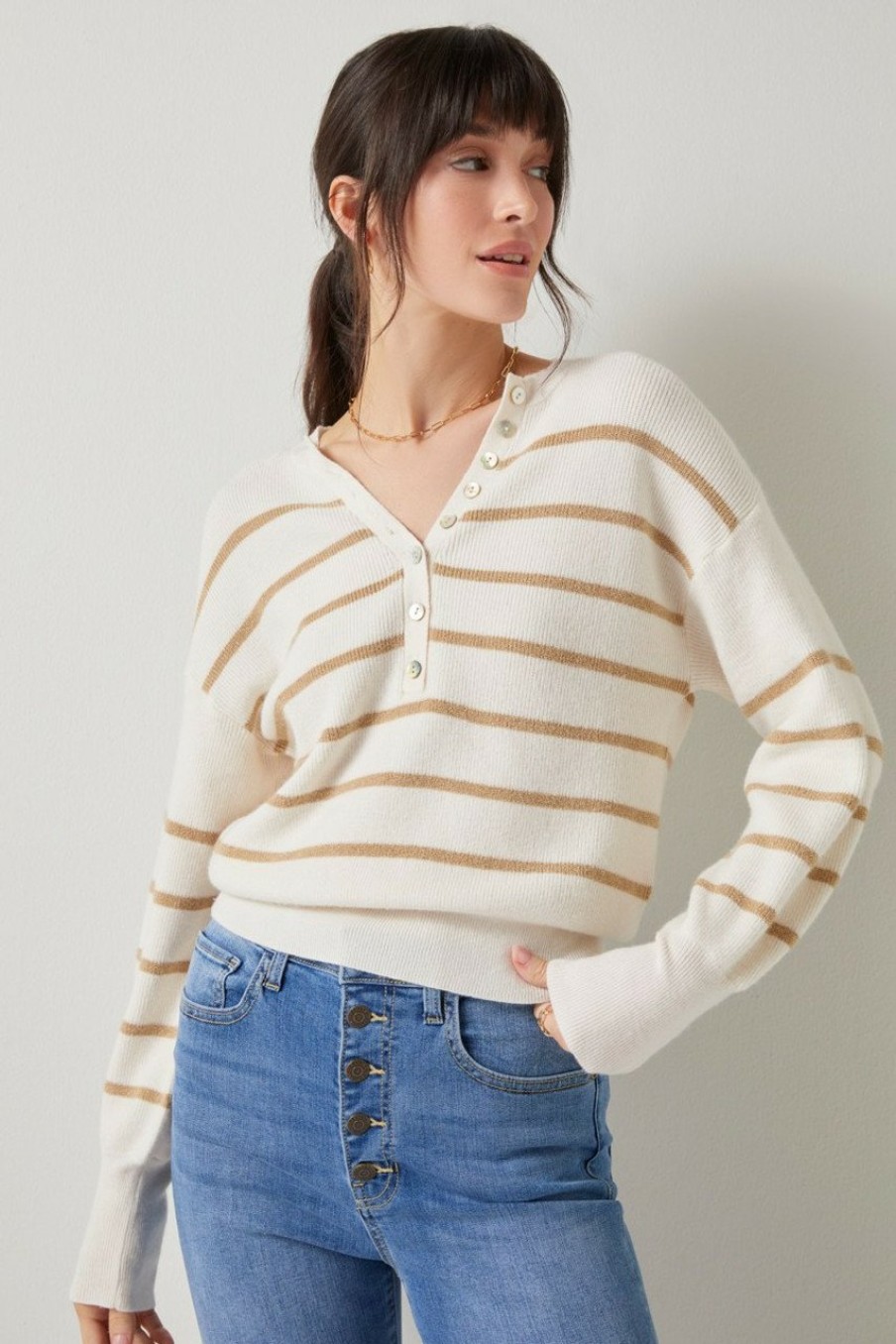 Francesca's Antonia Button Front Sweater Ivory Tops