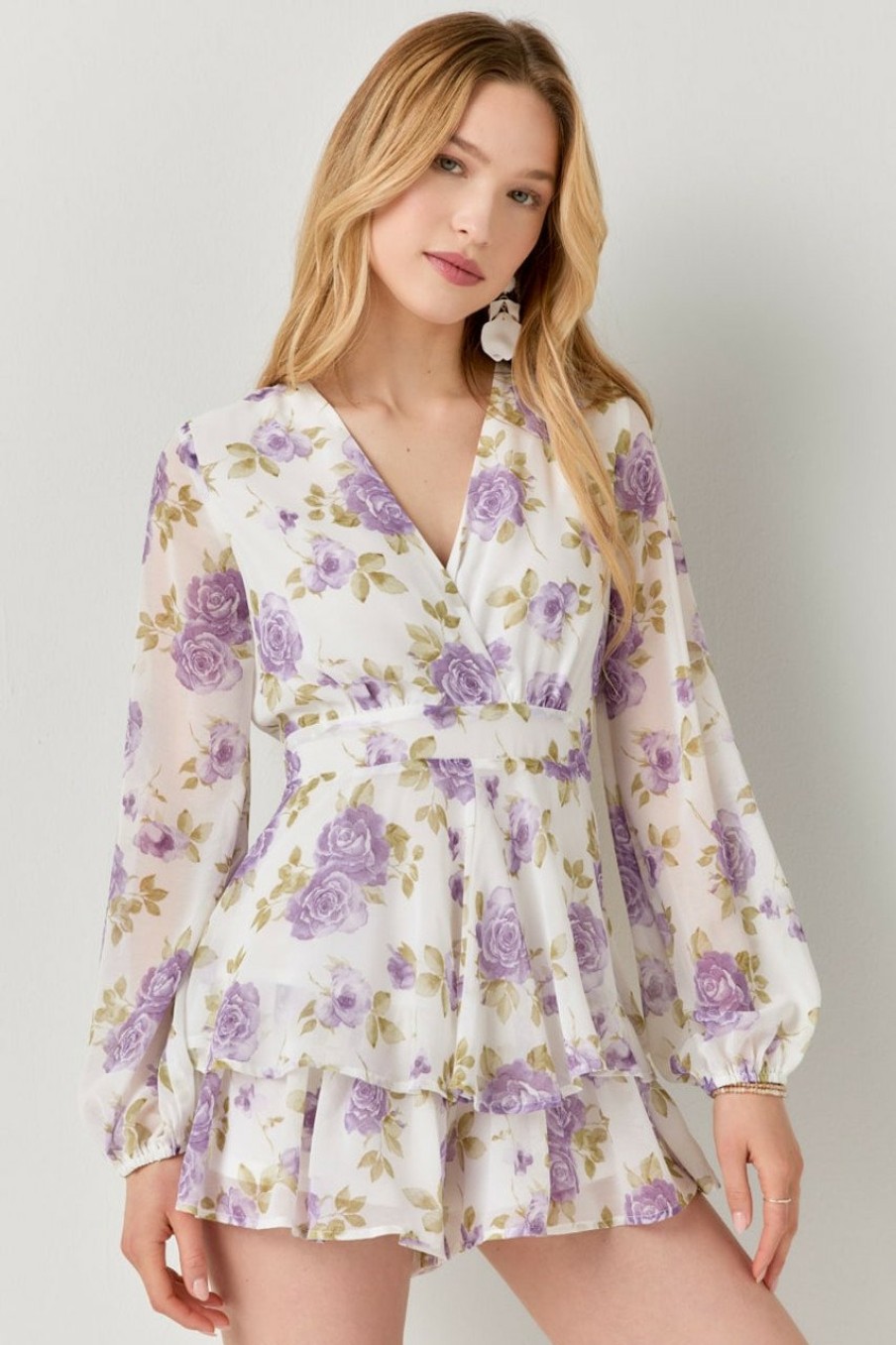 Francesca's Vanessa Tiered Bottom Floral Romper Ivory Dresses