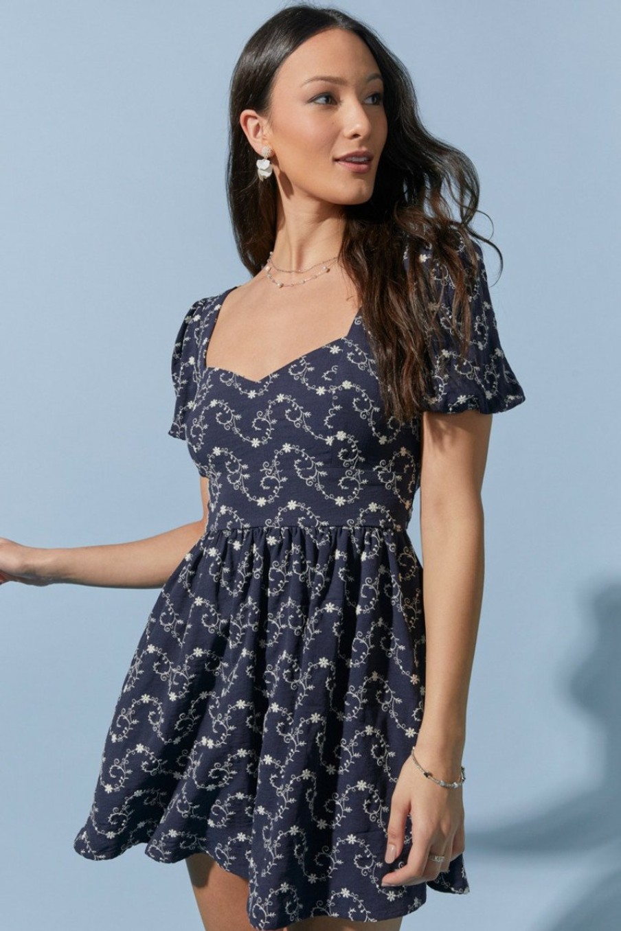 Francesca's Sophia Tie Back Embroidered Mini Dress Navy Dresses