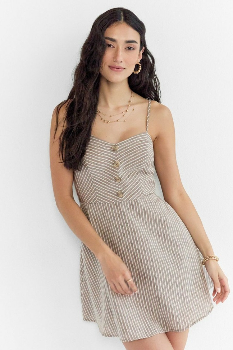 Francesca's Shavon Stripe Button Front Dress Taupe Dresses